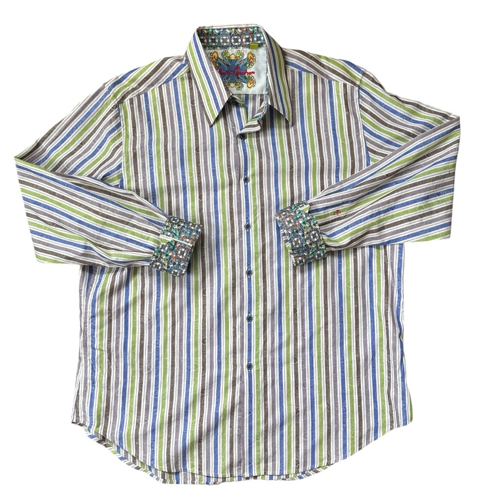 Robert Graham Brown Green Blue Striped Burnout Paisley Geometric Button Down 2XL